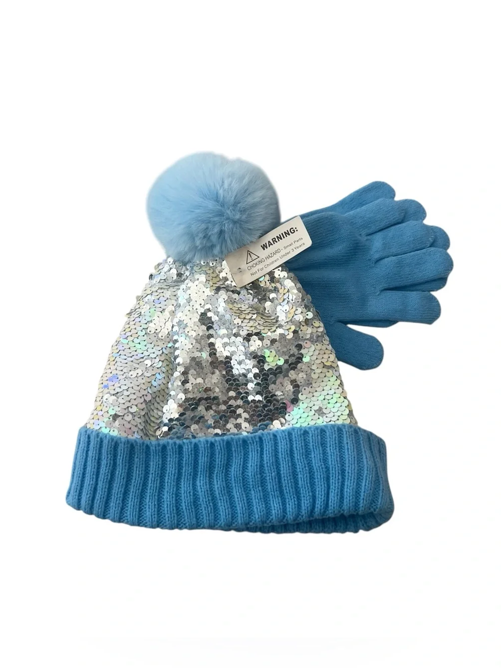 Kids Ages 3 Up Fur Pom Blue Knit w/Colorful Sequin Beanie Hat Gloves Set